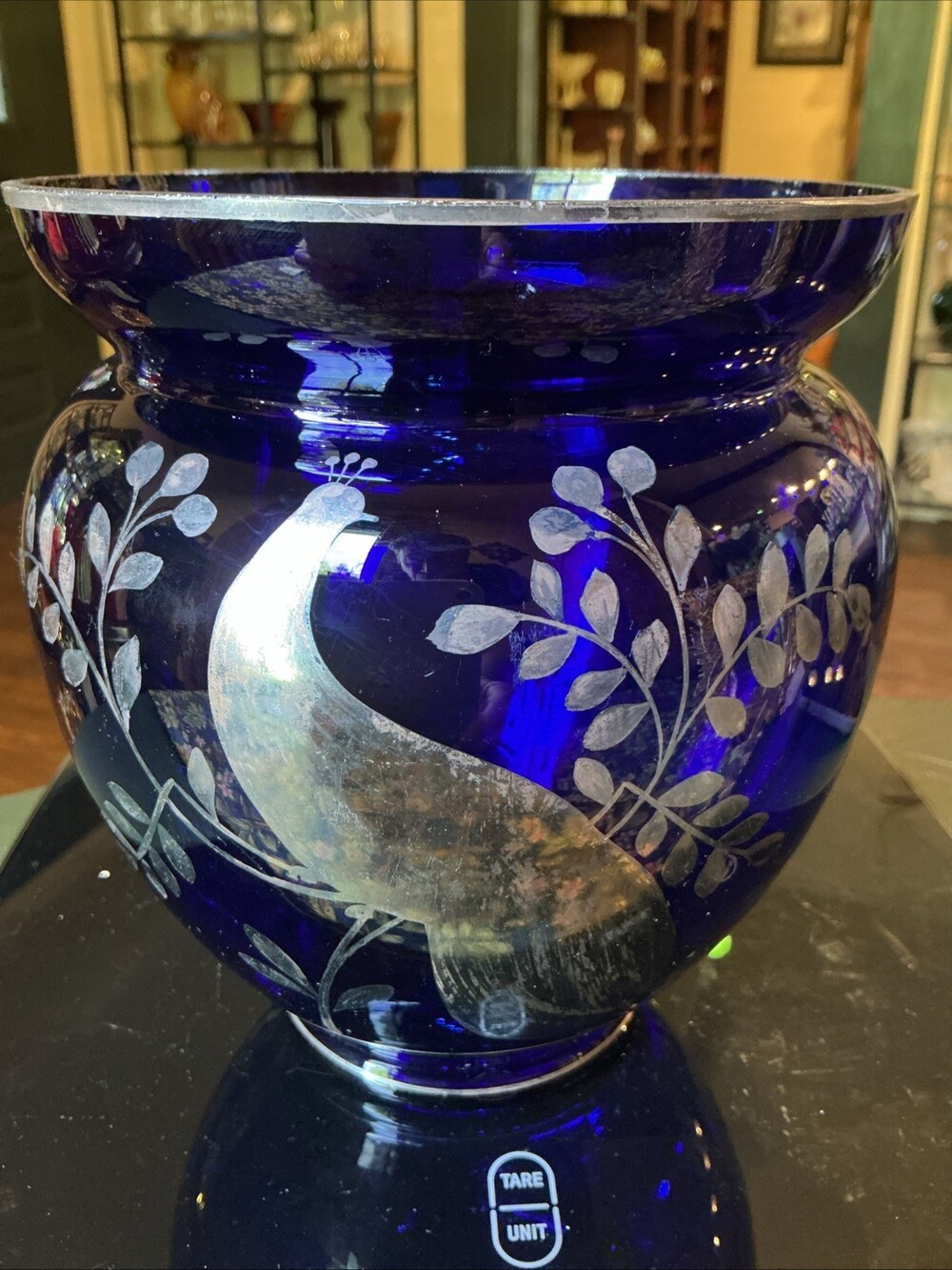 Antique Sterling Overlay Peacock Cobalt Blue 7.25” Vase (chip) Bohemian